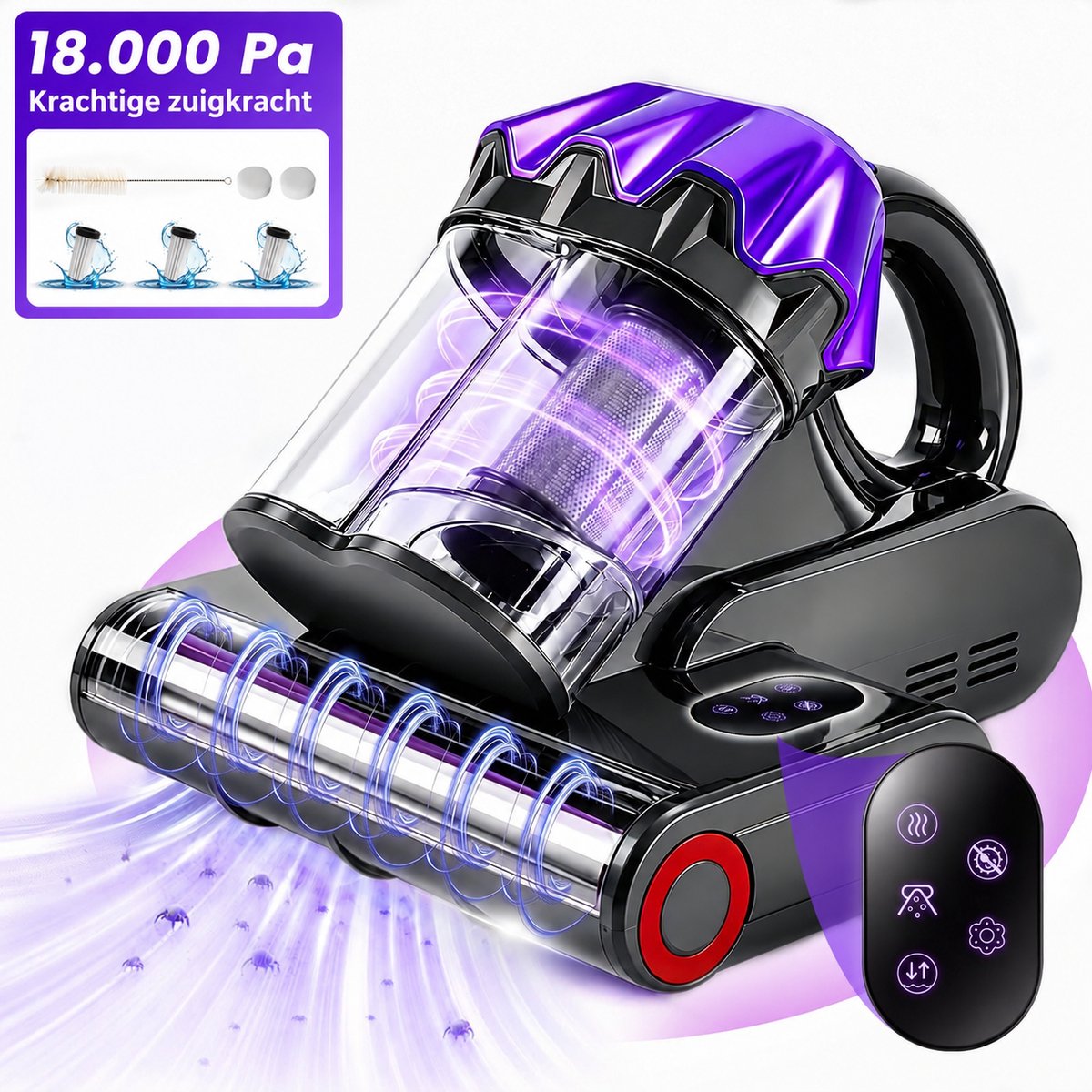 Grenintol Huisstofmijt Stofzuiger – Mijtverwijderaar met UV-C– 18.000 Pa, 550 W – HEPA-filter – Handheld Matrasreiniger – Bacterie, Mijt & Schimmel Bestrijder voor Matras en Meubel – 5 m Snoer – Paars