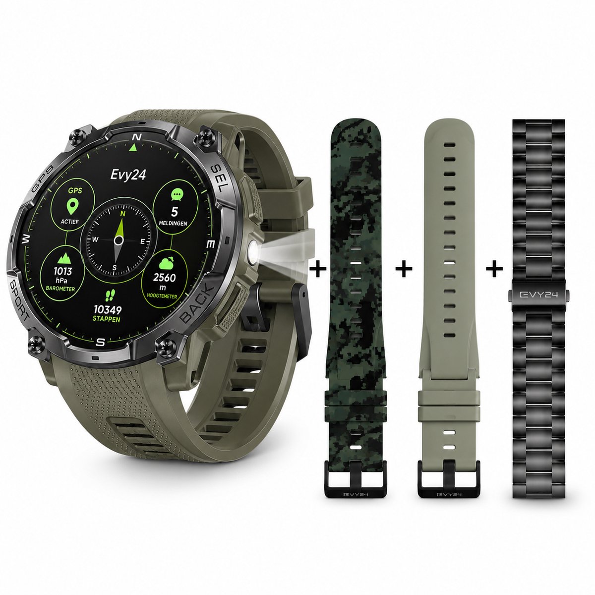 Evy24 GPS Smartwatch Amoled Pro - Sporthorloge Heren & Dames - Zelfstandige GPS/GNSS - Waterdicht - Belfunctie - Zaklamp - Kompas - Hoogtemeter - Barometer - 100+ Sportmodi - Outdoor - Groen