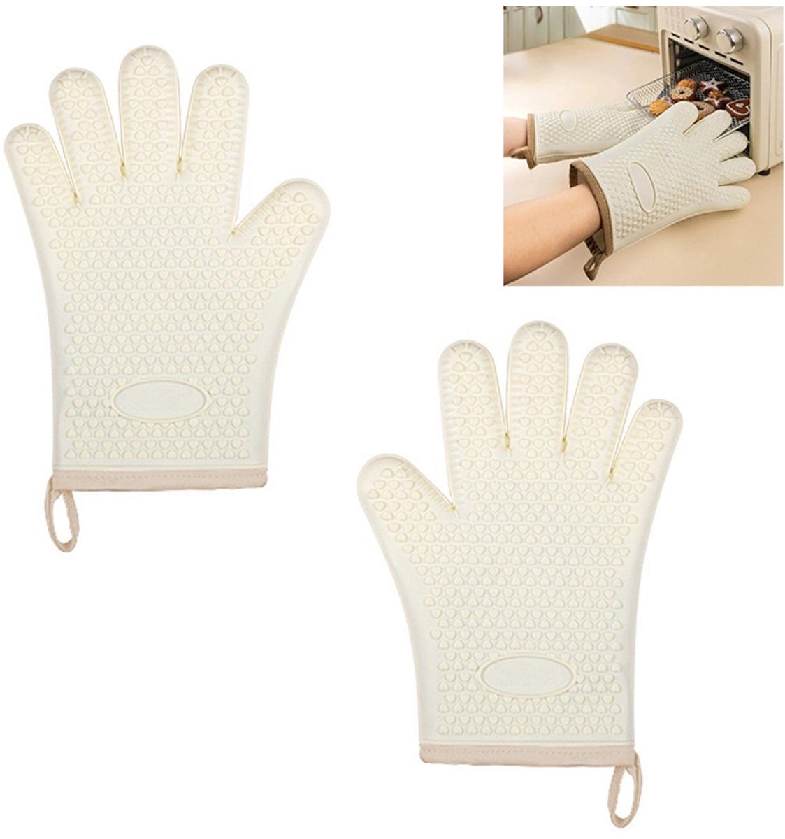 1-paar Hittebestendige siliconen handschoenen - Vijfvingerige hittebestendige handschoenen - Antislip magnetronhandschoenen - Hittebestendige handschoenen - Handschoenen - 28*19 cm - Geschikt voor bakken, koken, grillen, enz. - Beige