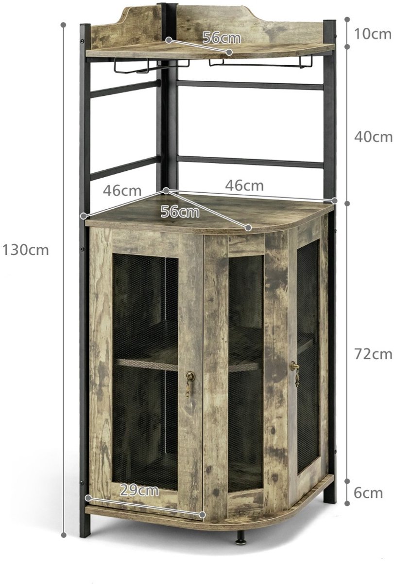 SureDeal® - Keukenkast - Industrieel Barkast - Glazen Houder Keukenkast - 46x46x130 cm - Koffiebruin