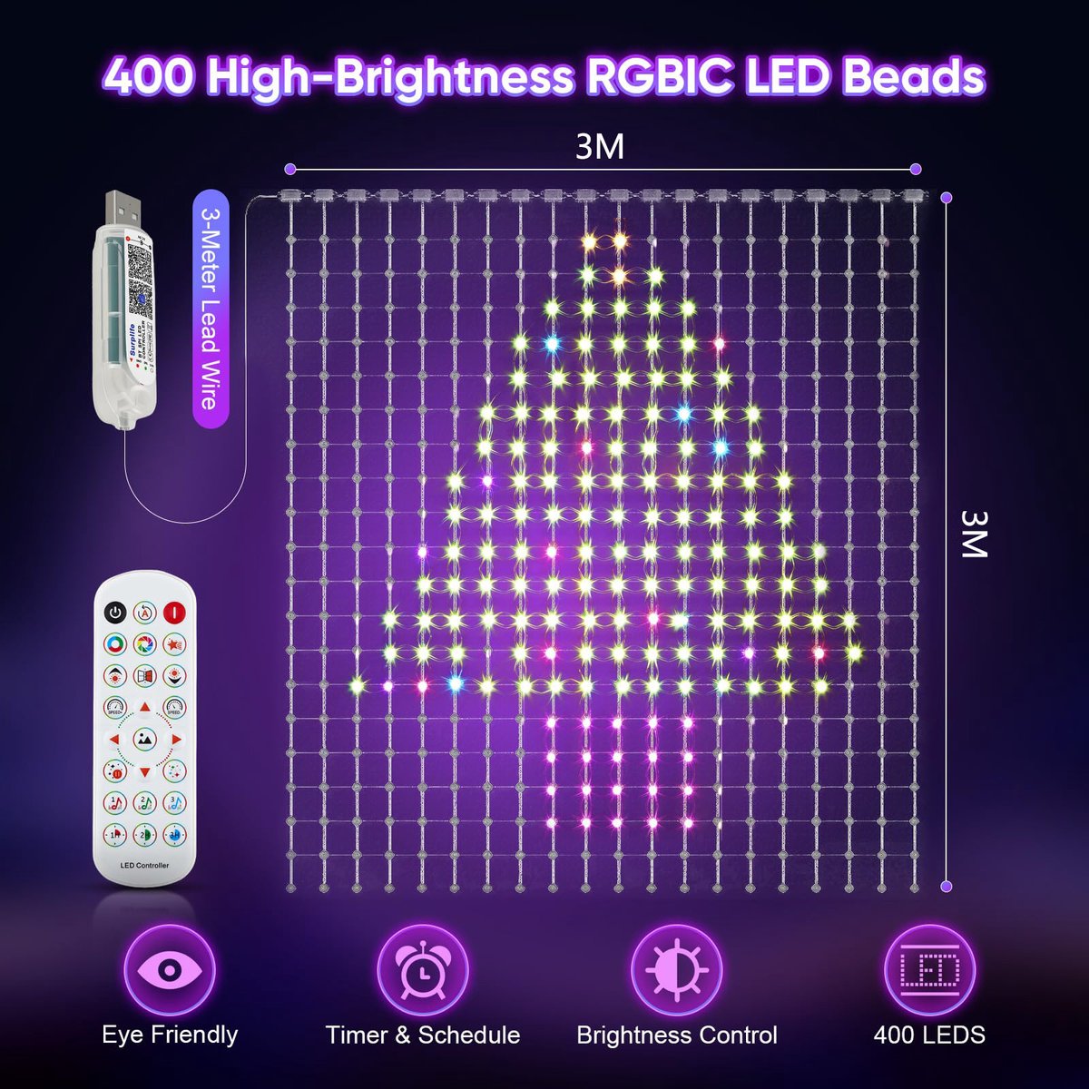 Namajunas - Smart Lichtgordijn - 3M x 3M - 400LED RGB - DIY Patronen Mogelijk - Met Eigen App & Afstandsbediening - Timer - Muziek‑gestuurd Licht - IP44 - Lichtgordijnen – Sfeerverlichting - Binnen en Buiten - Decoratie voor Huis - Cadeaus voor Kerst – foto 2