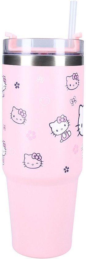 Roze Hello Kitty beker met afbeeldingen van Hello Kitty en strikjes, inclusief deksel en rietje.