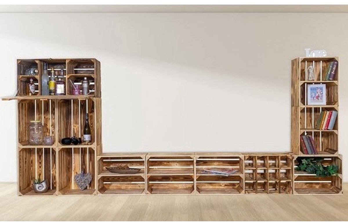 Woonwand met TV-kast en minibar van recycled kisten - 12 stuks, 50x40x30 cm en 81x41x31 cm - Geschikt voor binnen en buiten