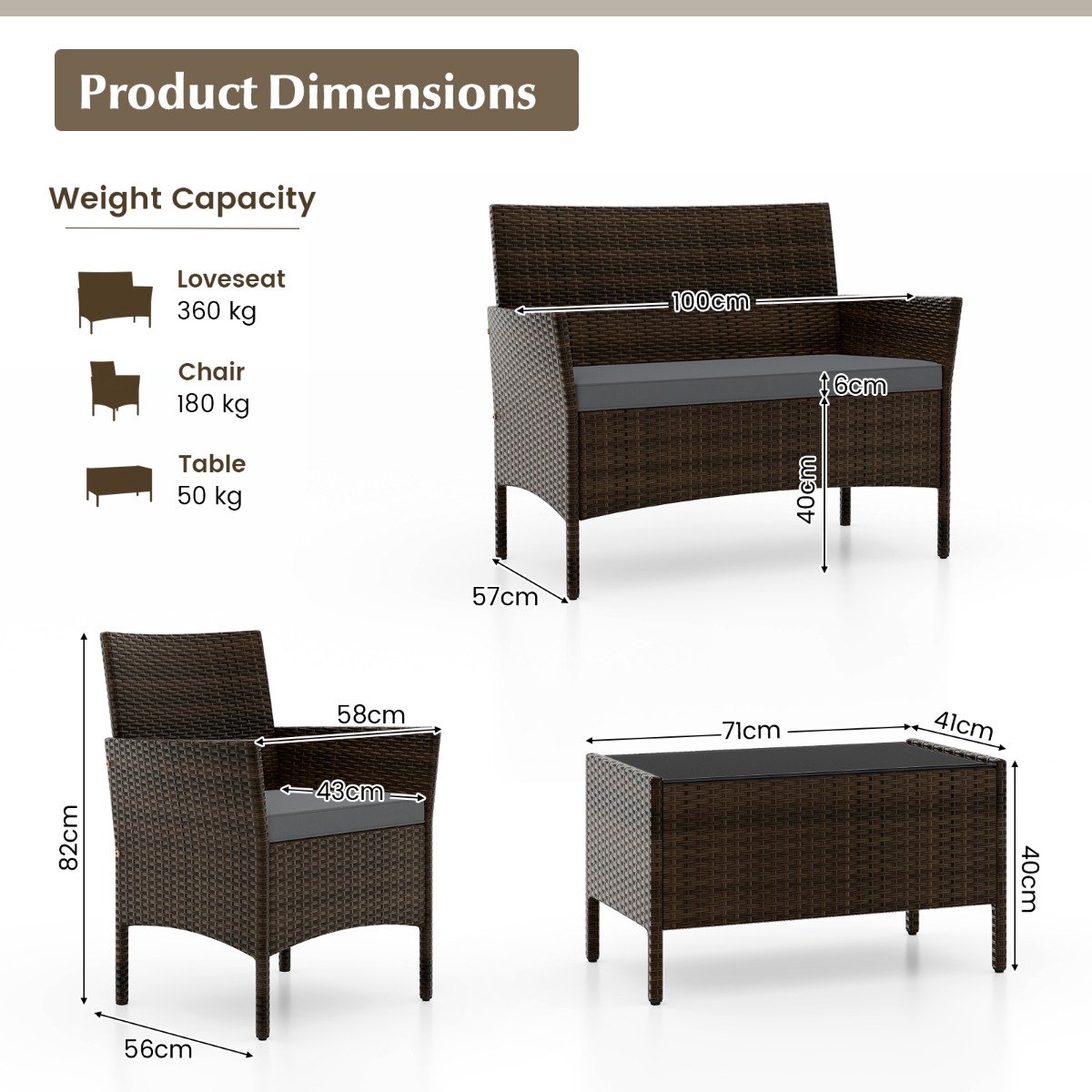 SureDeal® - Tuinset - Buiten Zitplaatsen - Vier Personen rotan - Gewatteerde Kussens - 100x57x82 cm - Grijs