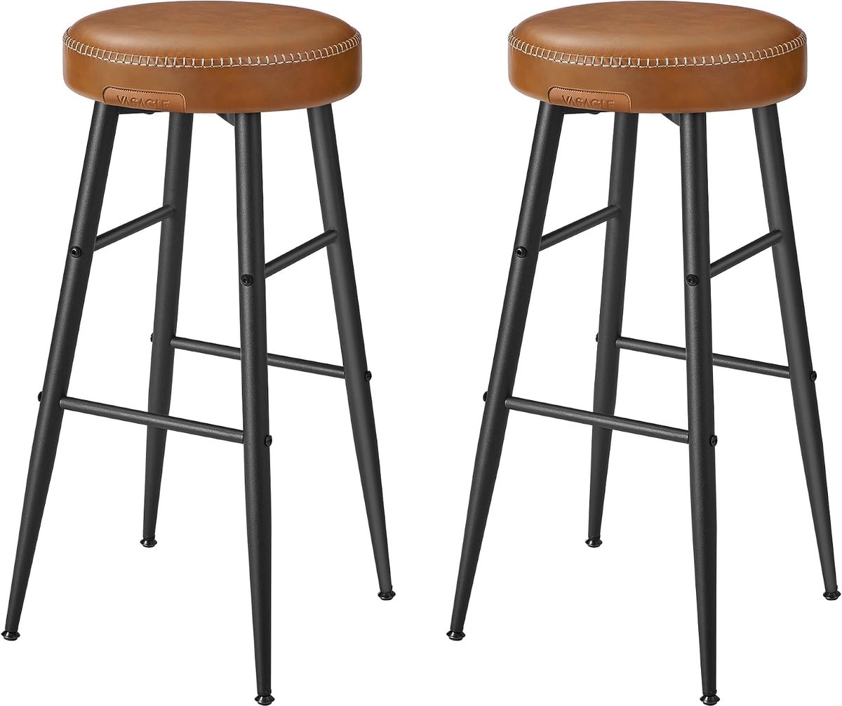 VASAGLE Barkruk, set van 2, keukenstoel, kunstleer, 76 cm hoog Barstoel, Mid-Century-moderne stijl, keuken, eetkamer, karamelbruin en mat zwart, EKHO collectie