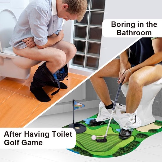Toiletgolf, Toilet Golfspel, Mini Golfset voor op het Toilet, met Puttingmat, Putter, 2 Golfballen, Vlaggetje en Deurhanger, Grappig Cadeau voor Mannen en Golfliefhebbers — afbeelding 4
