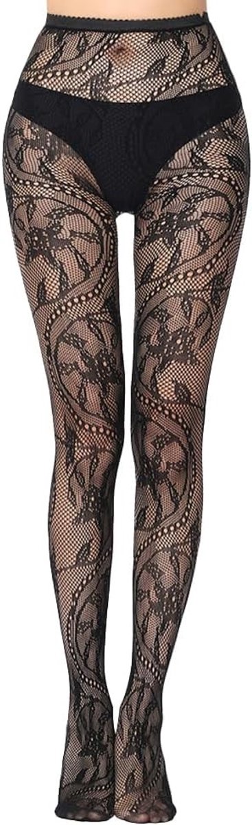 Zwarte Visnet Panty met Bloemenpatroon - Sexy Hoge Taille Netpanty voor Feest en Cosplay
