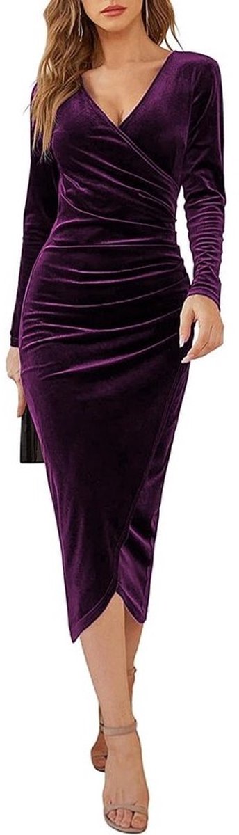 Elegant fluwelen avondjurk voor vrouwen - V-hals, elastische taille en zijwaartse ruches