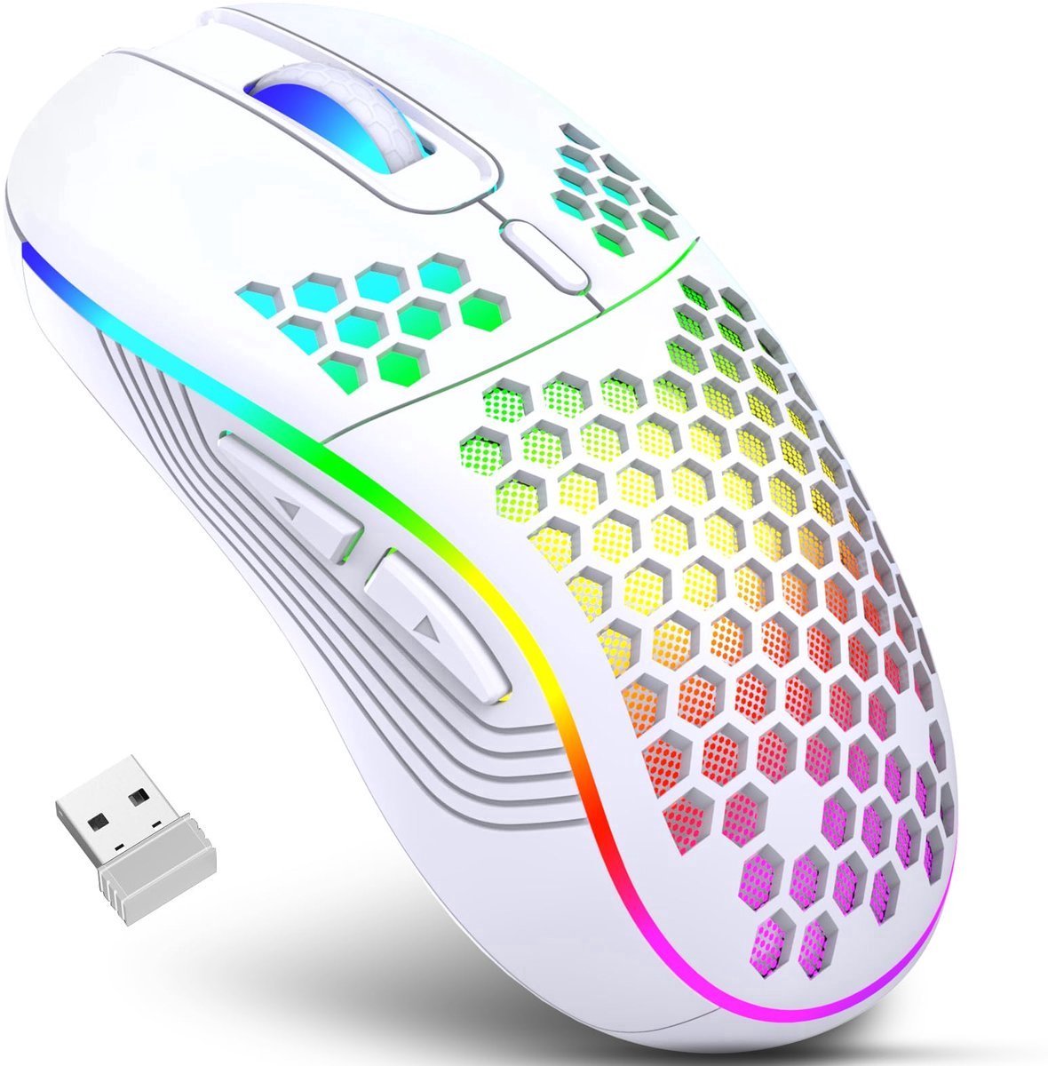 Muis Draadloos - Game Muis - met RGB-achtergrondverlichting - 6 knoppen verstelbaar - Rgonomisch ontworpen - Honingraatstructuur - Oplaadbare gamingmuis - geschikt voor laptop, pc, desktop - Wit
