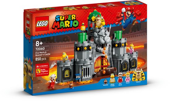 LEGO Super Mario set 72060 met Bowser's Kasteel, Fire Mario, Peach, Goomba, Koopa Troopa en Bowser.