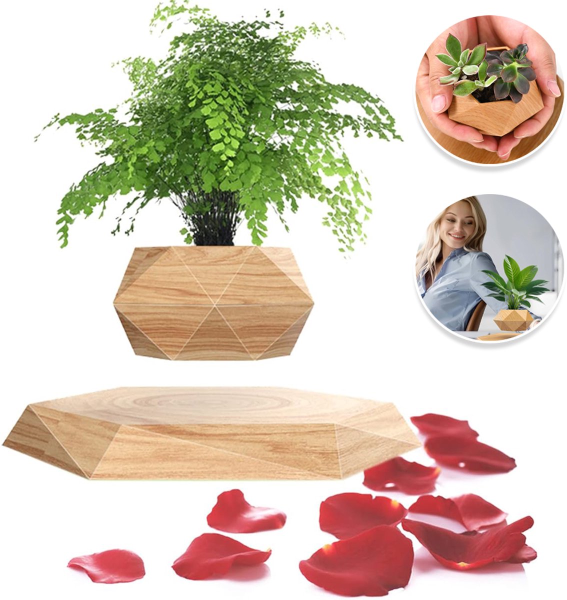 Magnetische Zwevende Bloempot - 360° Automatische Rotatie Drijvende Plantenbak Draagvermogen 300g 9x4,5 cm Voet Met Houtnerfstructuur - Creatieve Decoratie Voor Thuis En Op Kantoor - Ideaal Cadeau Voor Plantenliefhebbers