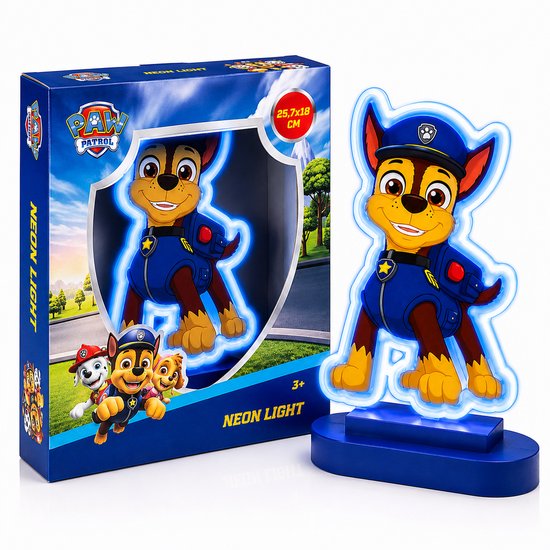 Chase van Paw Patrol als neonlamp met blauwe gloed, staand op een blauwe voet. De verpakking toont Chase en Marshall.