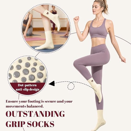 Antislip Pilatessokken voor dames - Verpakking van 2 paar - One size fits all - Antislip en zacht - Geschikt voor Pilatesapparatuur, yoga, fitness en andere oefeningen - Enkellange antislipsokken - Sokken tot halverwege de kuit met strikpatroon — afbeelding 5
