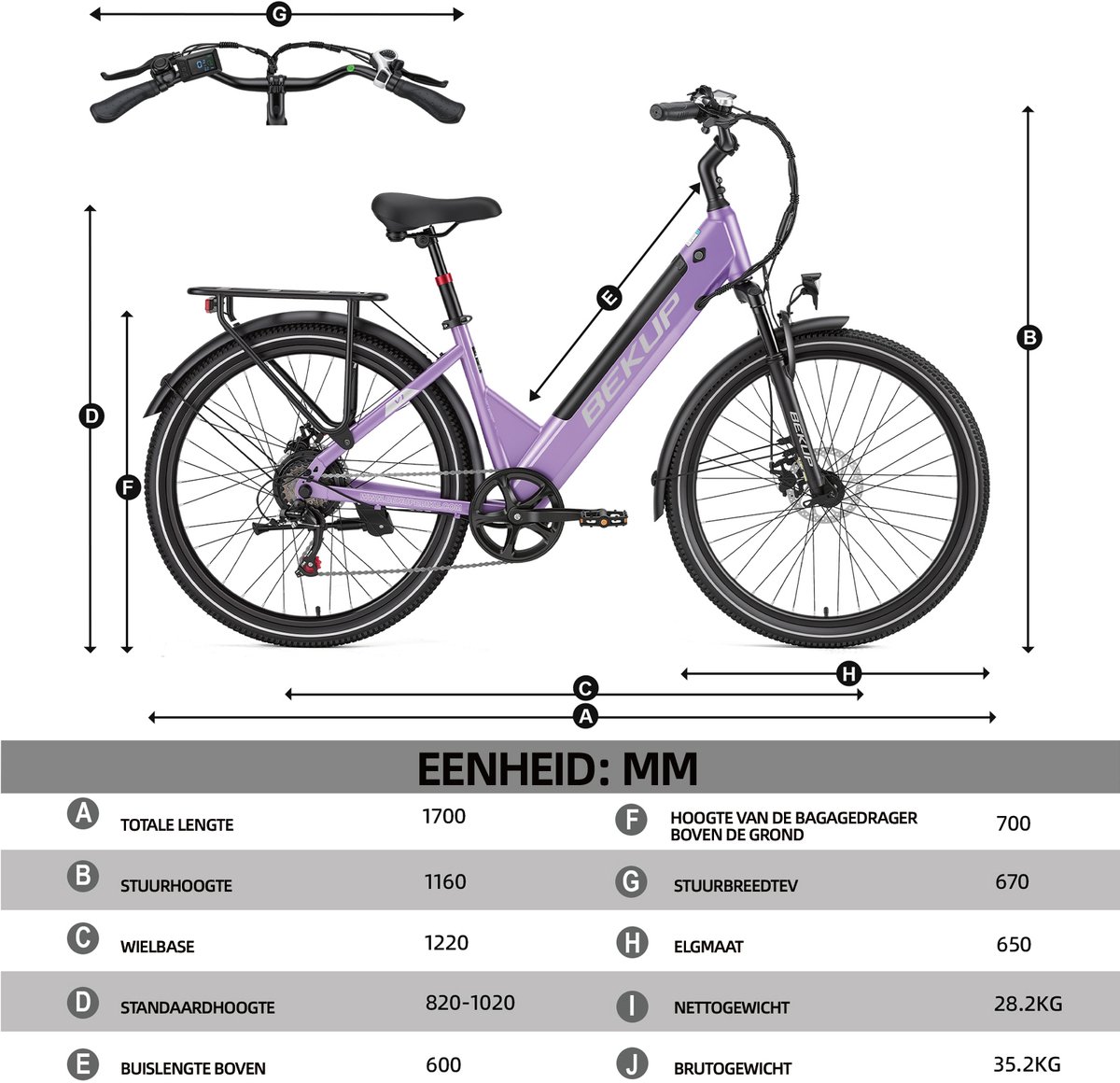 BEKUP V1 E-bike - 25 km/u - 26inch - 75km actieradius - 250W motor - 36V 14.5Ah accu - paars thumbnail 5