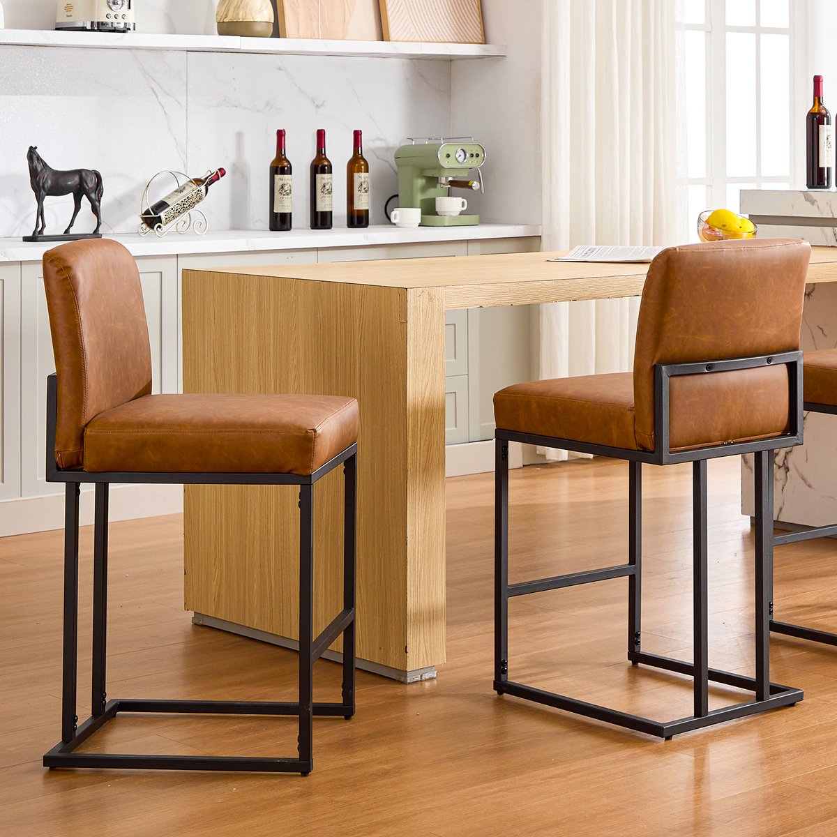 Triumpunpre - Barstoelen Set Van 2 Met Rugleuning - PU‑Kunstleer Bekleding - Zware Metalen Frame - Keuken‑ En Eetkamer Krukken Voor Keukeneiland En Thuisbar - Bruin