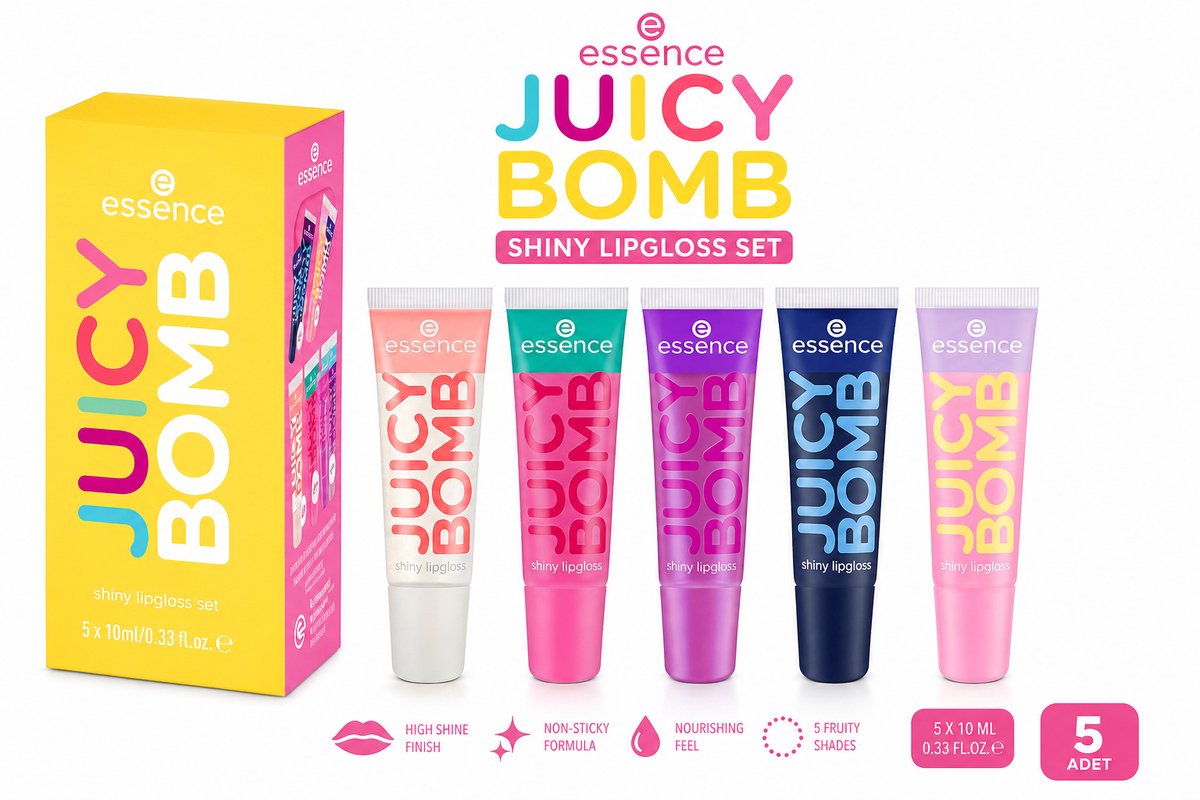 Essence Juicy Bomb Shiny Lipgloss Set – 5 Stuks – 5 Kleuren – Ultra Glanzende Lip Gloss – Niet-Plakkerig – Fruitige Geuren – 5 x 10 ml