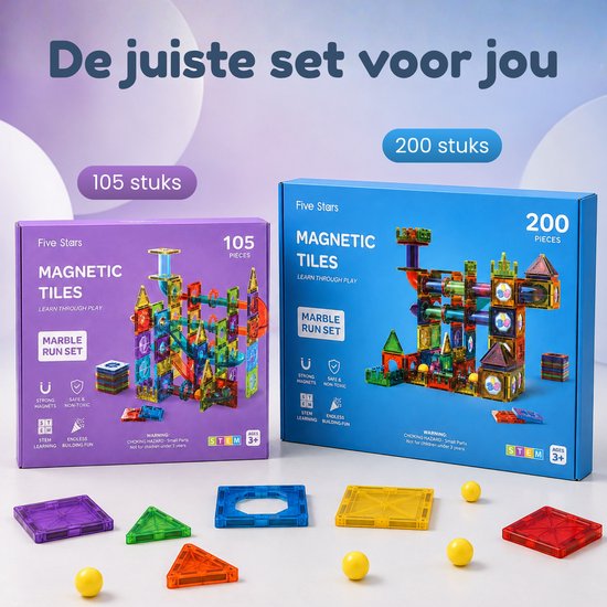 Twee dozen Five Stars magnetische tegels: een set van 105 stuks (paars) en een set van 200 stuks (blauw), met losse tegels en knikkers.