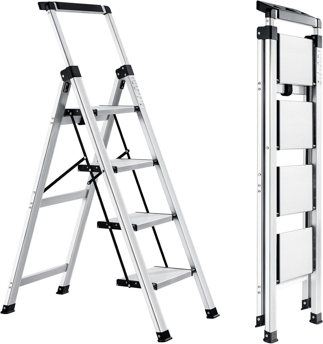 Vouwtrap met Handgreep - Opstapladder Aluminium - Klusjes in Huis - Met Gereedschapsplateau - 4 Treden - Zilver