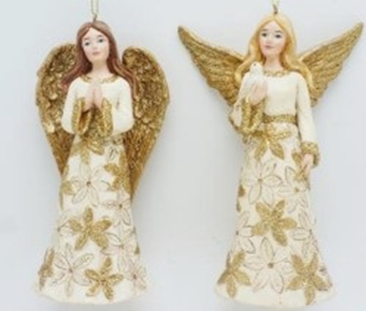 2x Ornament Engel met vogel/biddend, 2ass. 6x4x13,5cm
