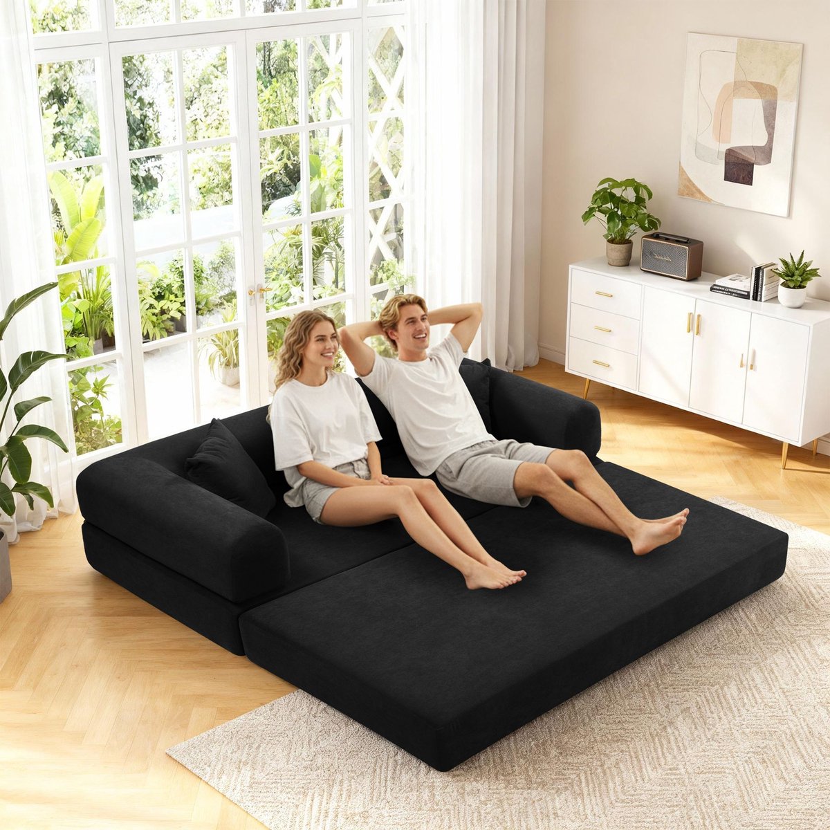Uitklapbare slaapbank 3-in-1, 203 cm (80 inch) - Frameloze 3-zitsbank van ribfluweel (corduroy) met kussens en zijvakken - Chaise longue, logeerbed en vloerbank voor woonkamer - Zwart