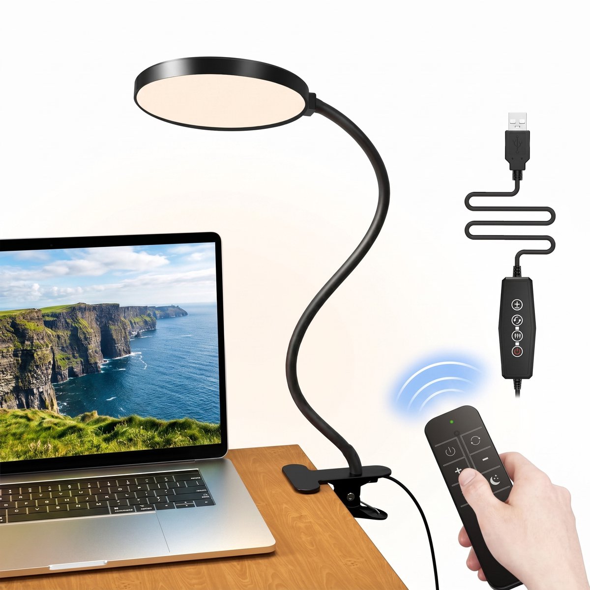 Rosnek LED Leeslamp met Klem - Dimbare Bureaulamp Zwart - Bedlamp met Afstandsbediening en Timer - Nachtlamp voor Hoofdbord - Flexibele Klemlamp - USB Lamp voor Slaapkamer en Studie