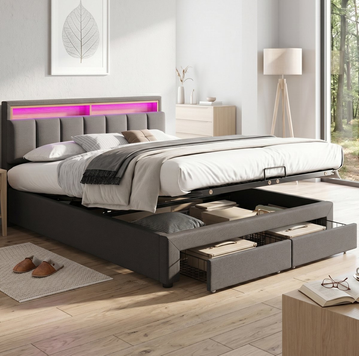 MODENUIT Bed – LED-verlichting en opbergruimte – 180 x 200 cm – Stof en Metaal – Donkergrijs – Met lattenbodem