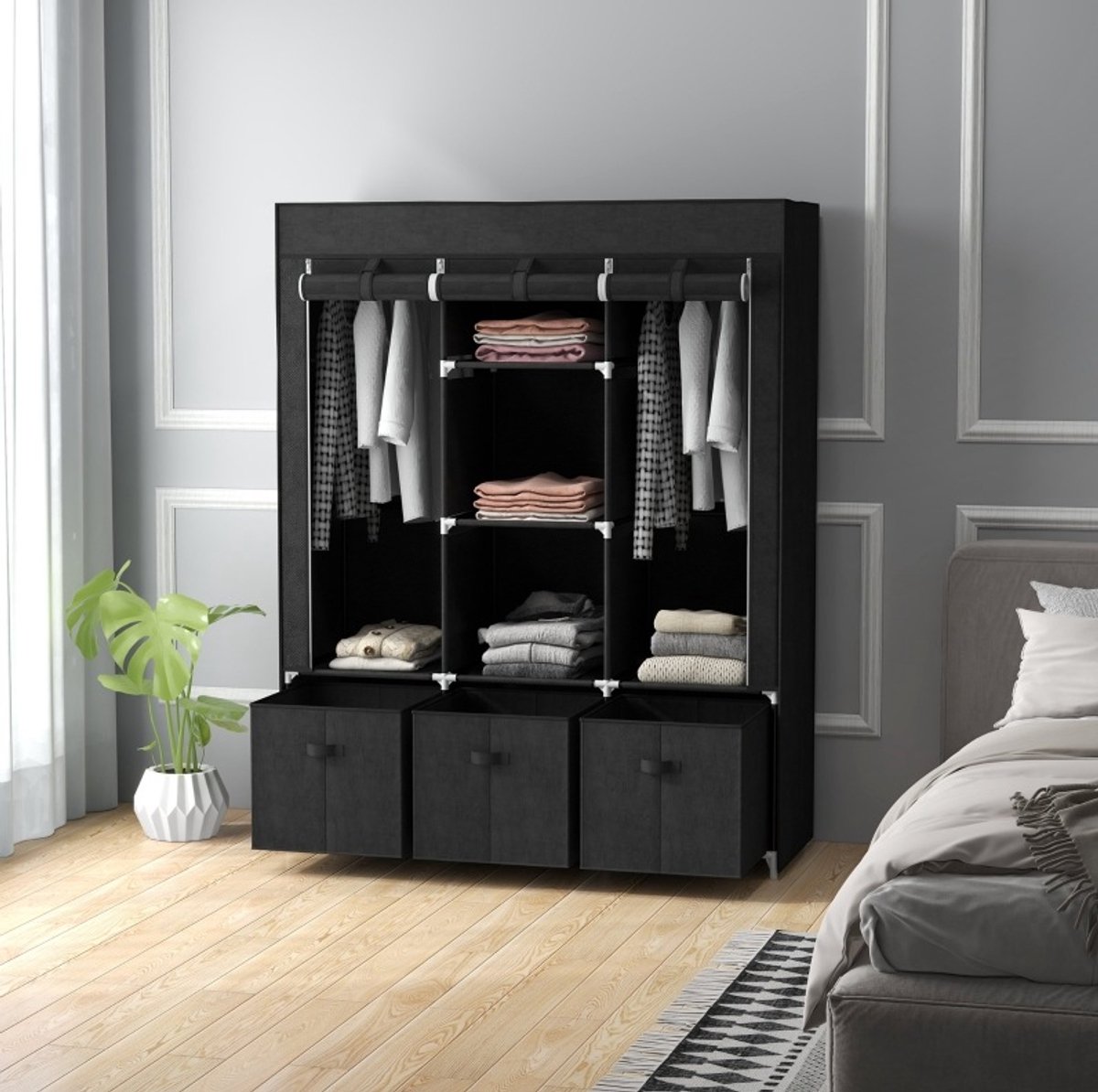 DESMIU Kledingkast - Opvouwbaar Stoffen Ontwerp Met 2 Kledingstangen En 3 Lades - Voor Slaapkamer Woonkamer En Berging - Staal - Zwart - 125x43x162,5 Cm