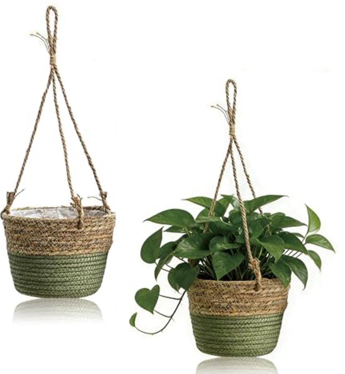 Bloempot - Hangmand - 2 stuks- Plantenmand - Gevlochten Hangende Plantenmand - Riethangmand met Plastic Binnenvoering - Woonkamer Balkon Tuin - 50 x 20 x 12 cm - Half Groen