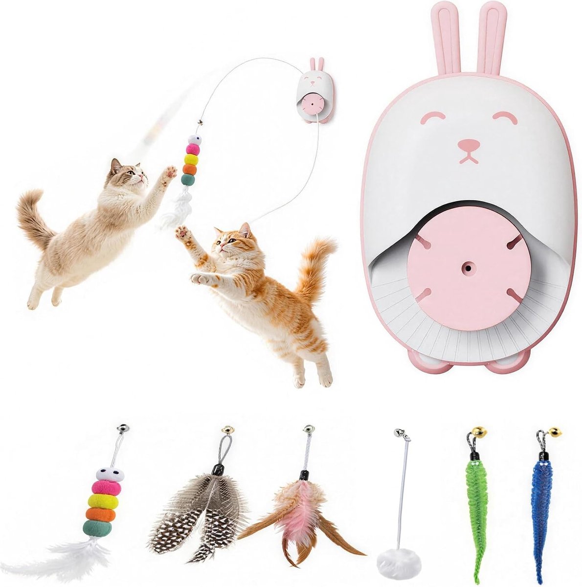 Bobypet - Elektrisch kattenspeelgoed - Klein interactief kattenspeeltje - Automatisch hangend kattenspeeltje - met 5 vervangende hangers - voor binnenkatten - stimuleert zelfstandig vissen bij katten en helpt verveling tegen te gaan - Wit
