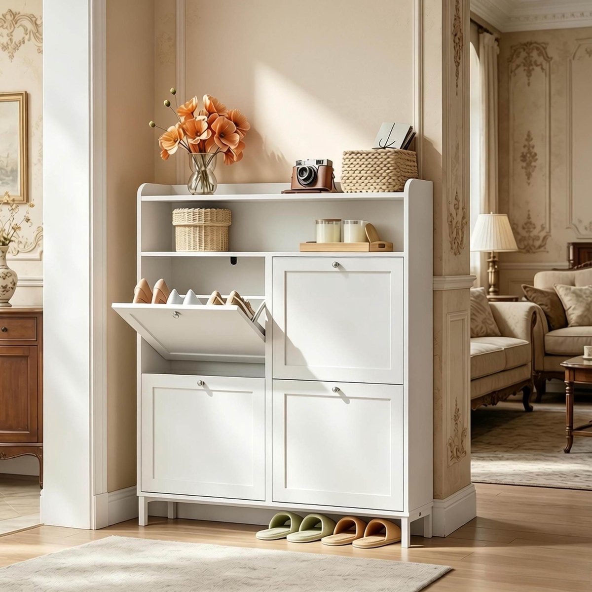 DESMIU Schoenkast - Smal Opbergmeubel Met 4 Klapdeuren En Open Bovenblad - Voor Hal En Woonkamer - Spaanplaat En Metaal - Wit - 100x19,5x107 Cm