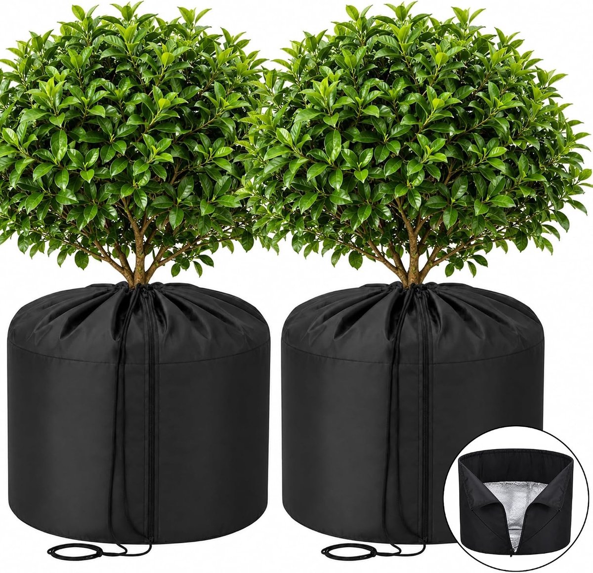 Thermische potbescherming voor planten, 50 x 45 cm, zwarte winterpottas met trekkoord voor vorstbescherming, ideaal voor plantenpotten en plantenbakken tegen kou en vocht
