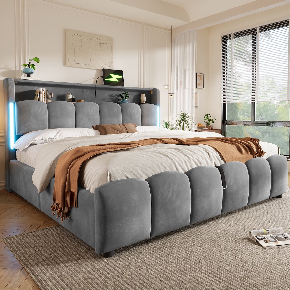 Bed met ledverlichting en opbergruimte - 180 x 200 cm - MDF en Stof - Grijs - Tweepersoonsbed zonder matras