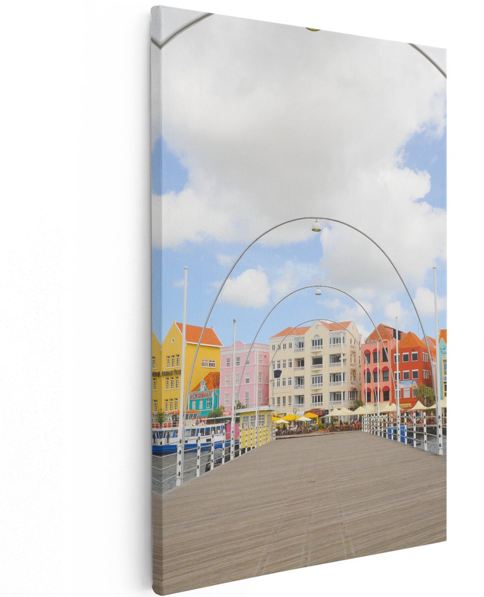 Artaza Canvas Schilderij Willemstad Gekleurde Huisjes in Curaçao - 120x180 cm - Groot - Wanddecoratie Woonkamer - Schilderijen - Muurdecoratie