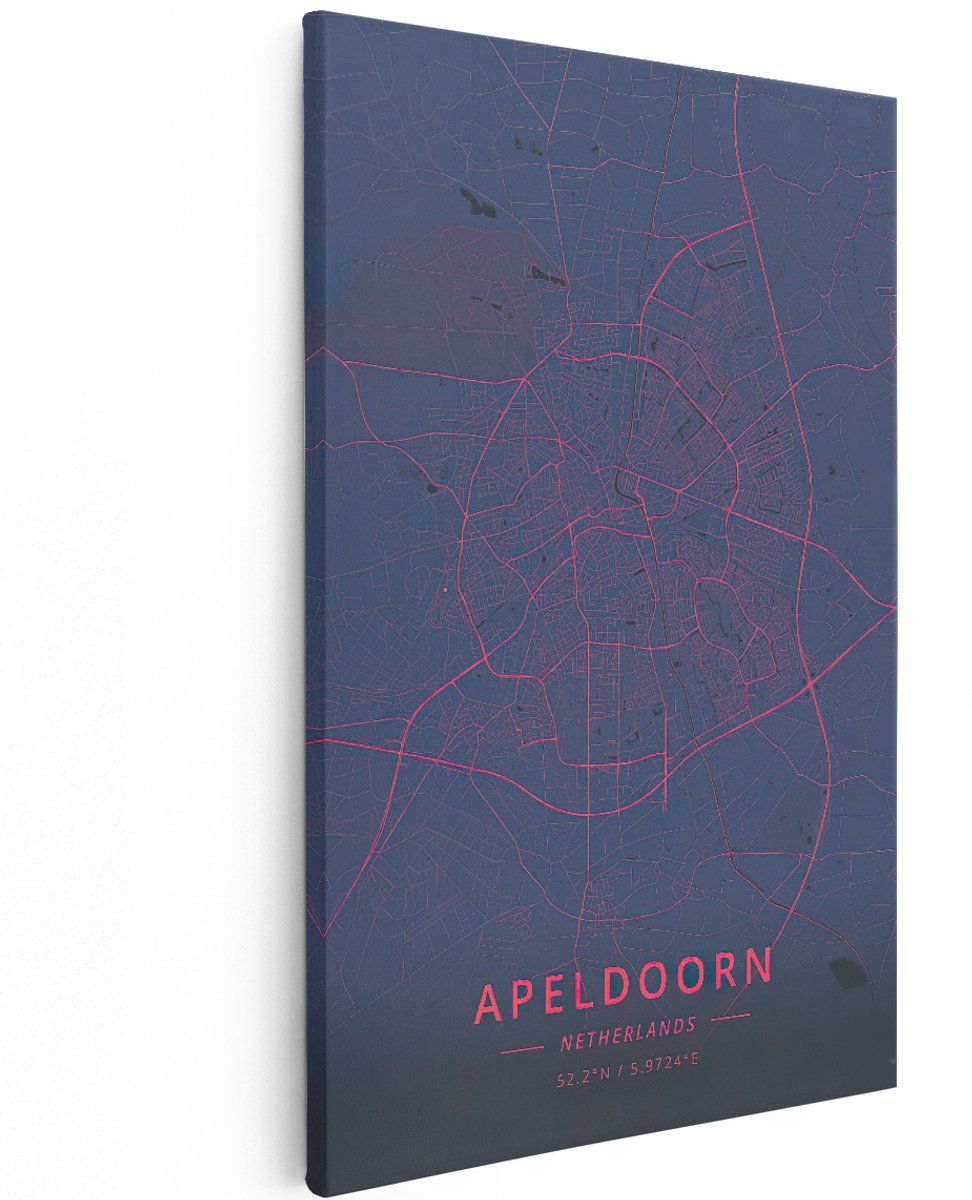 Artaza Canvas Schilderij Stadskaart Apeldoorn in het Blauw met Rood - 120x180 cm - Groot - Muurdecoratie - Canvas Print