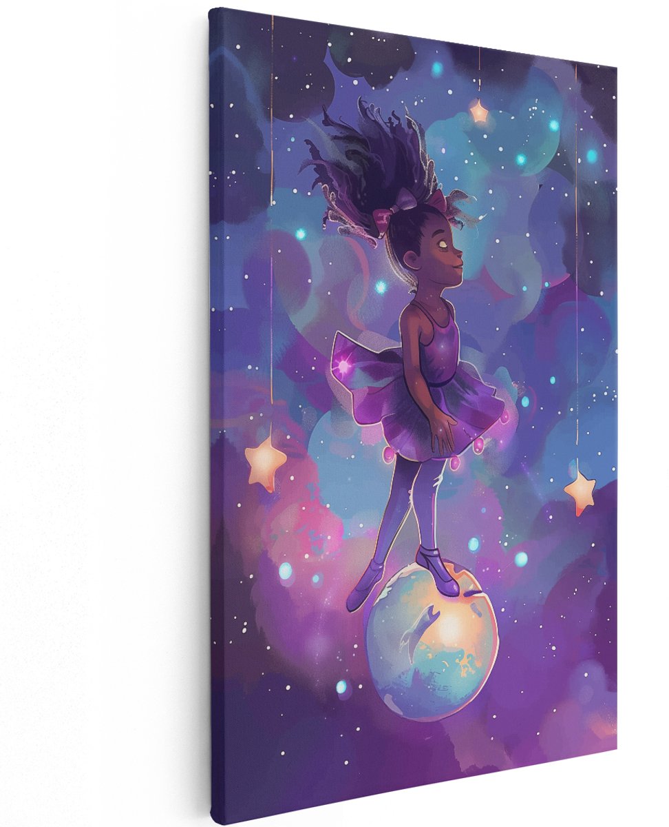 Artaza Canvas Schilderij Meisje in een Paarse Jurk op de Maan - 120x180 cm - Groot - Wanddecoratie Woonkamer - Schilderijen - Muurdecoratie