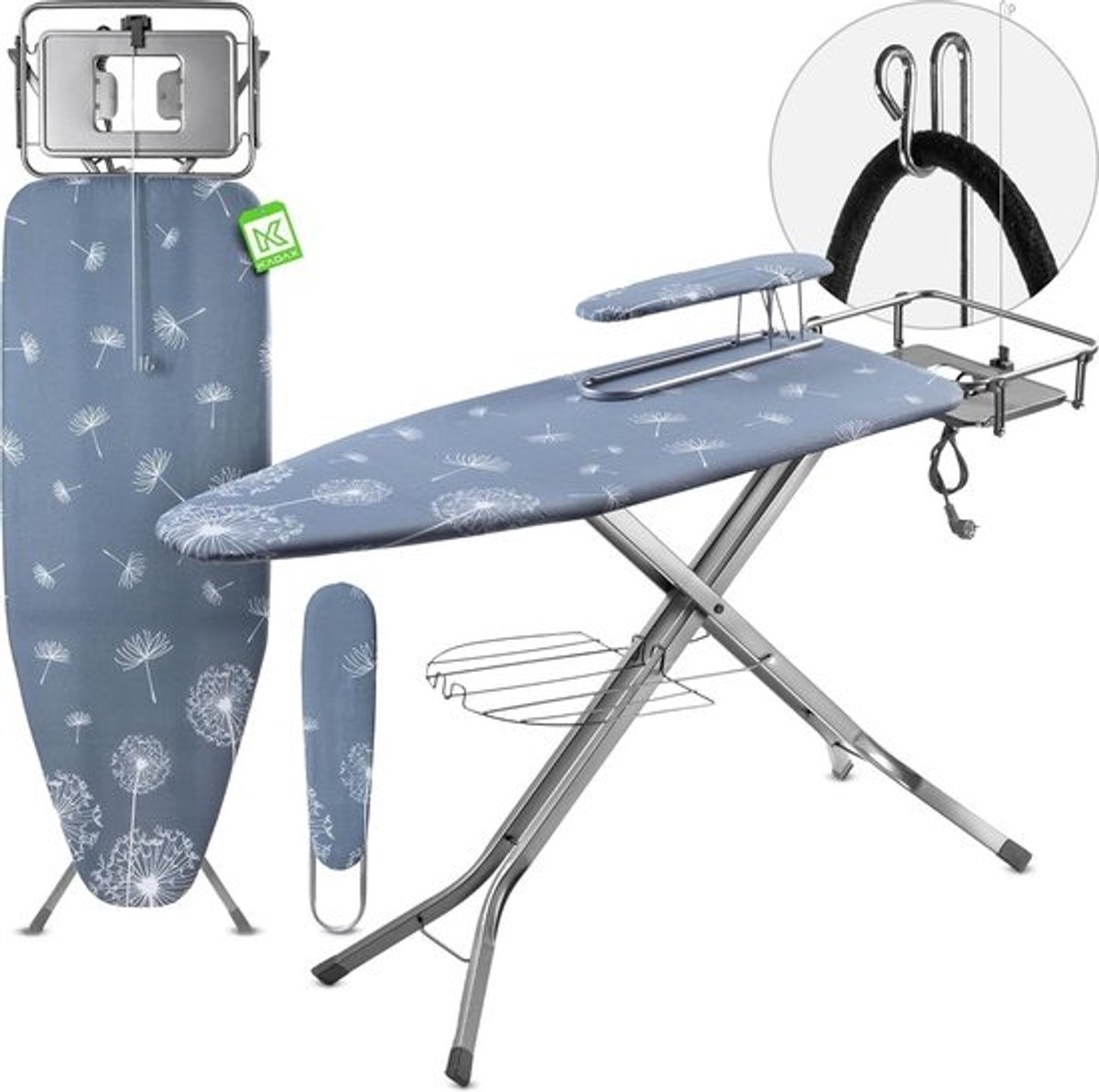 Inklapbare Strijkplank met Stopcontact 130 x 48 cm - Verstelbare Stoomstrijkplank met Extra Plank voor Mouwen