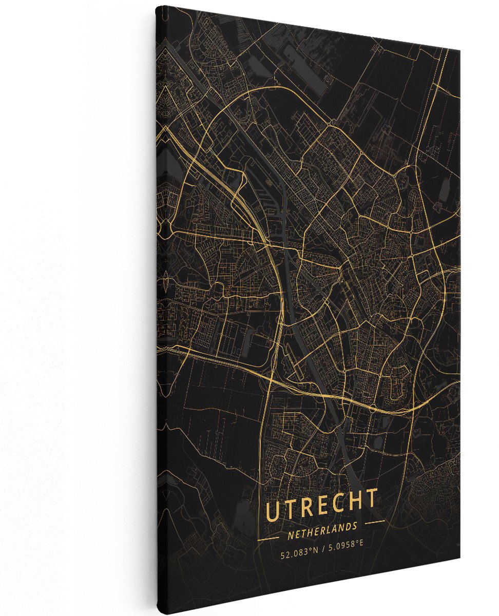 Artaza Canvas Schilderij Stadskaart Utrecht in het Goud en Zwart - 120x180 cm - Groot - Muurdecoratie - Canvas Print