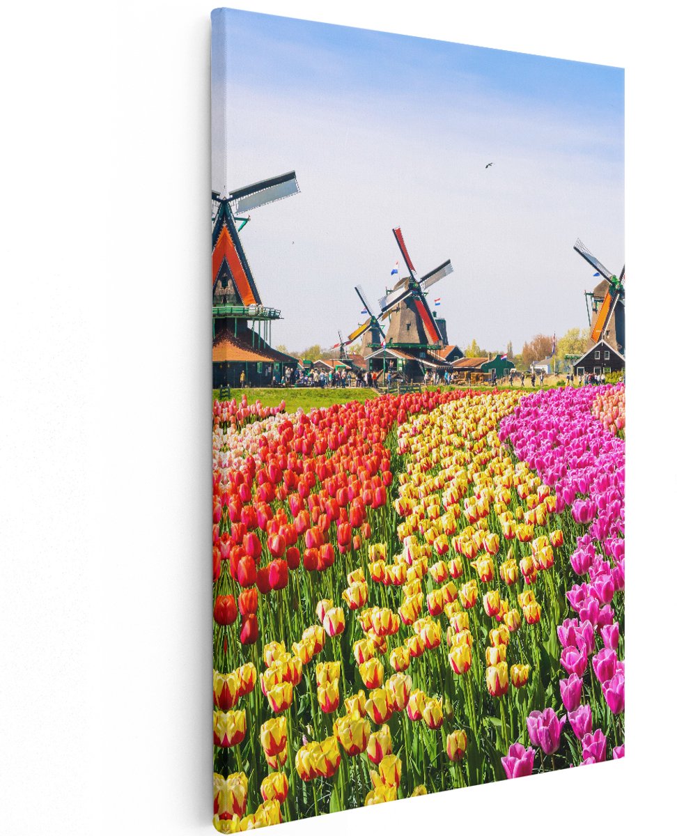 Artaza Canvas Schilderij Kleurrijke Tulpen Bloemenveld - Windmolen - 120x180 cm - Groot - Wanddecoratie Woonkamer - Schilderijen - Muurdecoratie