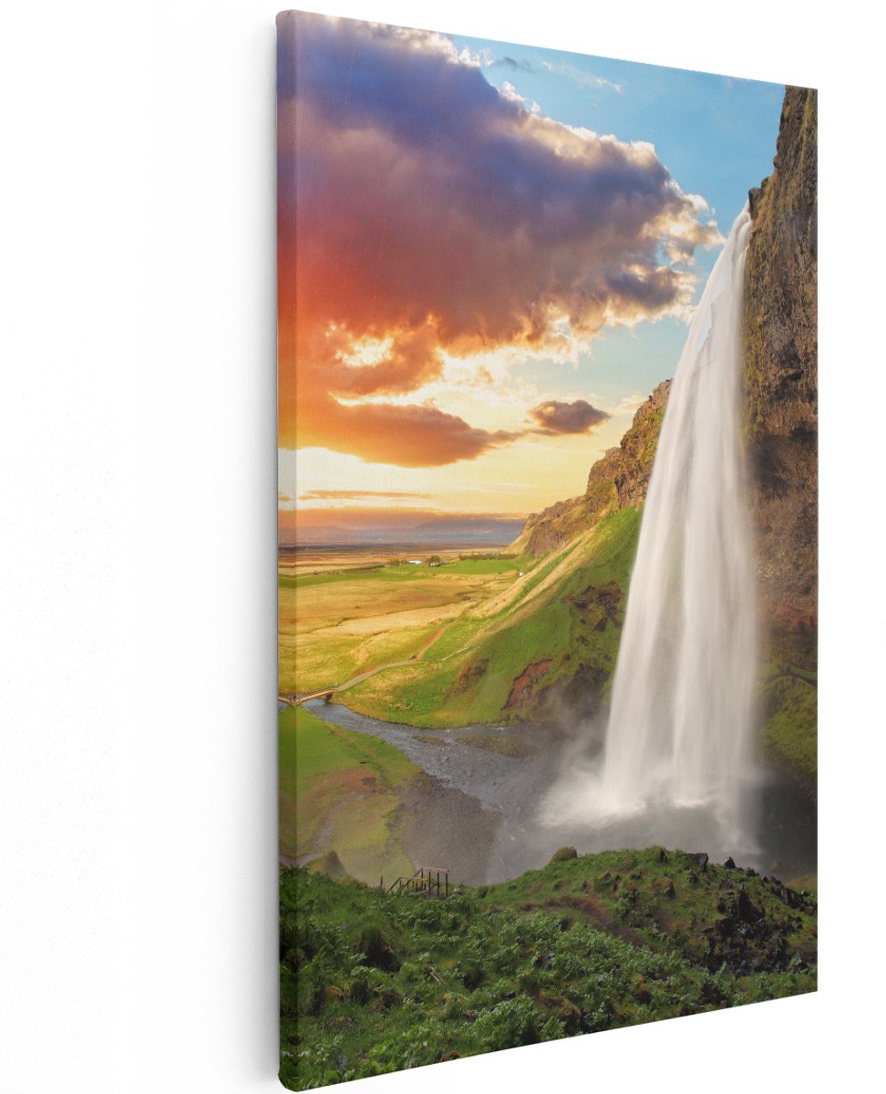 Artaza Canvas Schilderij Waterval In IJsland Met Zonsondergang - 120x180 cm - Groot - Wanddecoratie Woonkamer - Schilderijen - Muurdecoratie