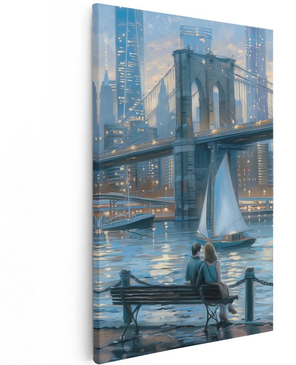 Artaza Canvas Schilderij Paar op een Bankje bij de Brooklyn Bridge - New York - 120x180 cm - Groot - Wanddecoratie Woonkamer - Schilderijen - Muurdecoratie