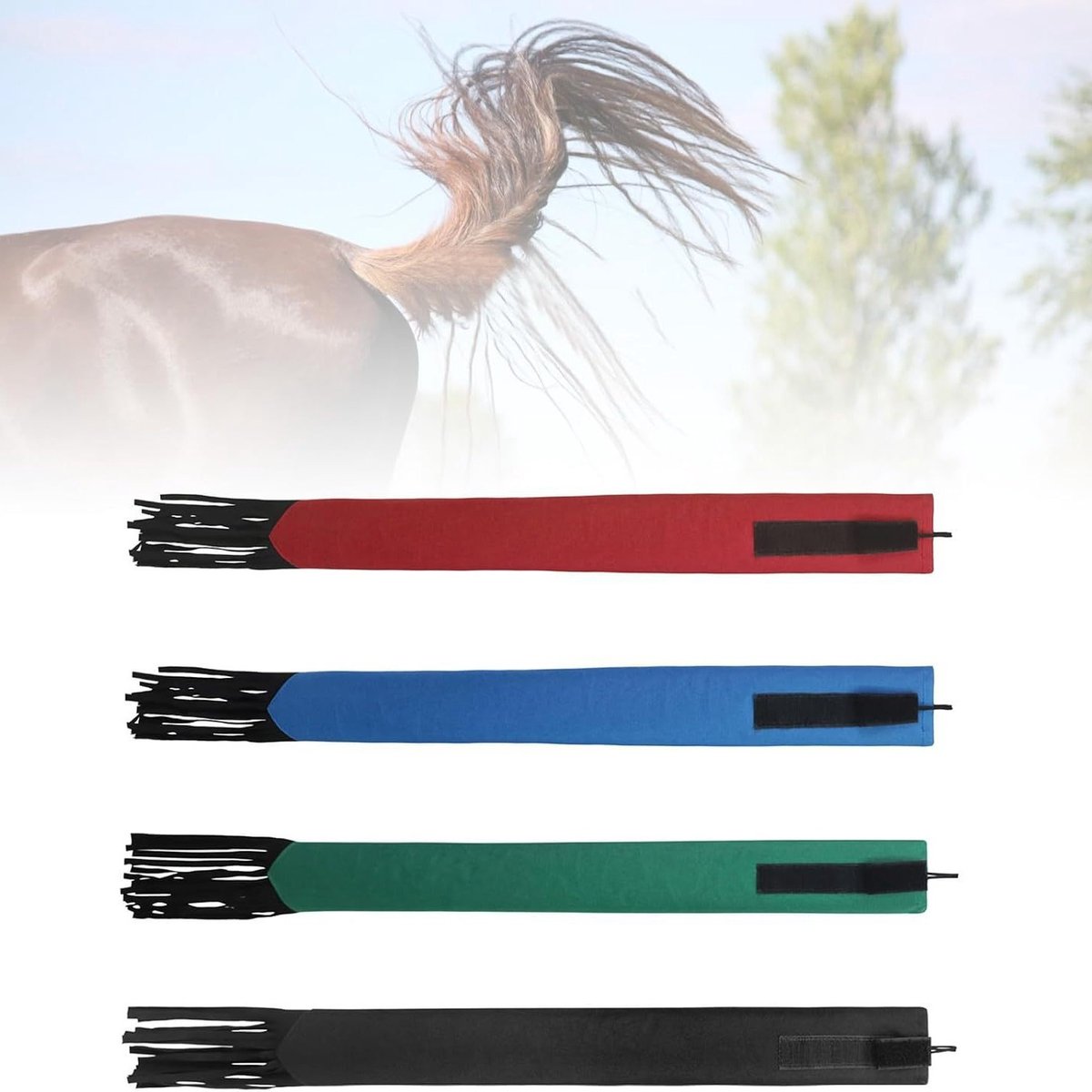Paardenstaart beschermhoes - 4 stuks | Rood‑blauw‑groen‑zwart | Geschikt voor paarden tijdens rijden en transport