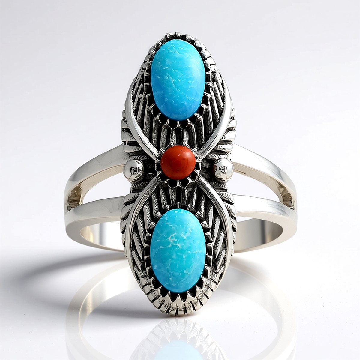 Cavill - Zilveren ring - 925 Sterling Zilver Geoxideerd - Blauwe Kingman Mohave Turkoois 1,6 Ct & Rode Jaspis - Unieke Vintage Sieraden Ring