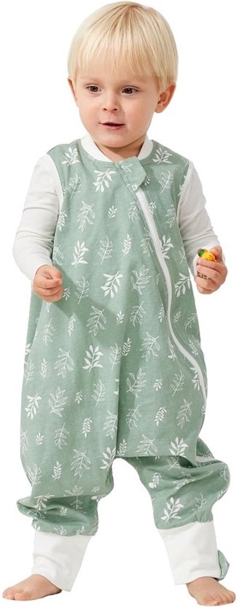 Thijox - Babyslaapzak met voeten 1,0 TOG voor kinderen, 100% katoen, groene bladprint, 75 cm, ideaal voor het hele jaar door, comfortabele jongensslaa