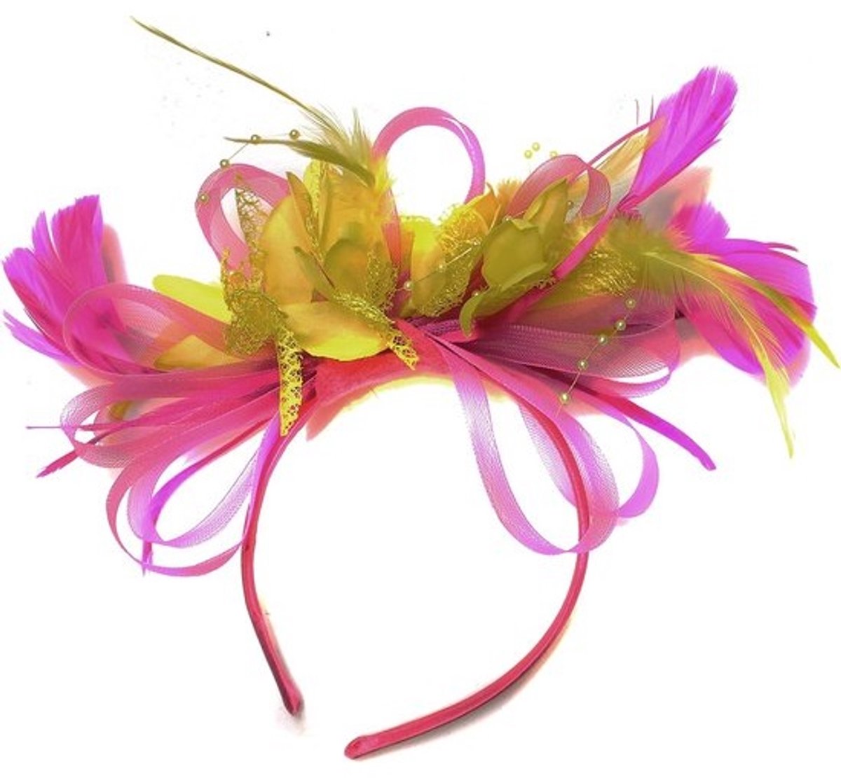 Fascinator Hoedje Feestelijk Roze Geel Netten & Veer Haarband voor Bruiloft en Ascot Races