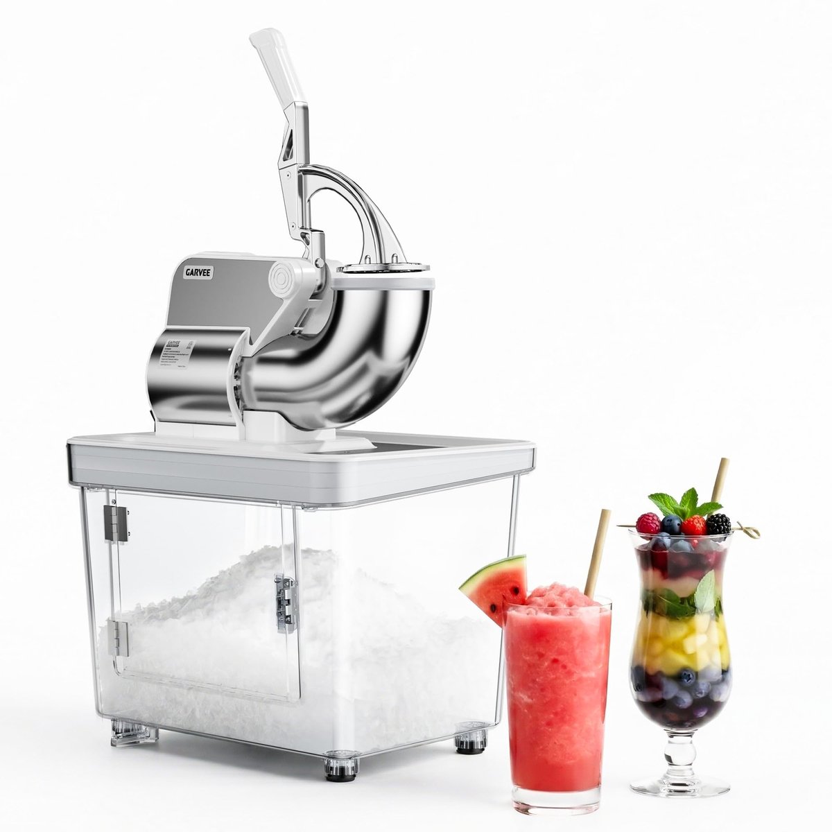 Elektrische IJscrusher - 300kg/u - IJsrasp - Professionele Schaafijsmachine met 300W Motor En 1450RPM - 4 RVS Messen - 34L Reservoir - Veiligheidsschakelaar - Voor Thuis En Horeca - Wit