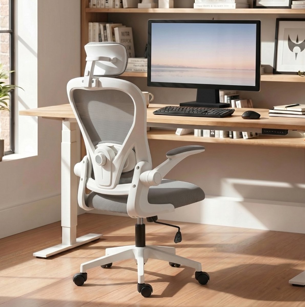 DESMIU Bureaustoel 63 Cm - Ergonomische Bureaustoel Met Hoofdsteun En Verstelbare Lendensteun - Voor Thuis En Kantoor - Mesh Grijs