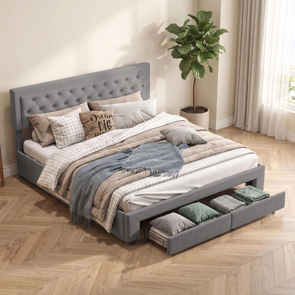 Fluweel grijs gestoffeerd tweepersoonsbed 180x200 cm | Opbergbed met 2 laden en lattenbodem, boxspring bedframe zonder matras, geschikt als jongerenbed