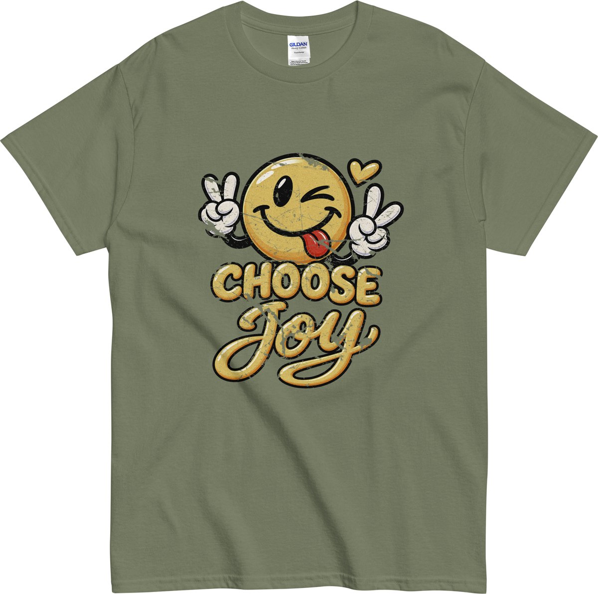 Happy Smiley T-shirt Mannen Vrouwen - Cartoon Grunge Look - Tekst - Khaki Groen - XL