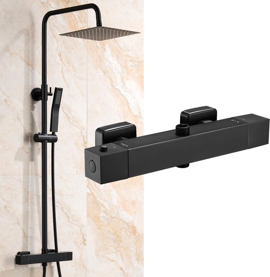 Zwarte thermostatische douchekraan met een vierkante regendouchekop en een handdouche. De kraan heeft een strak, modern design.