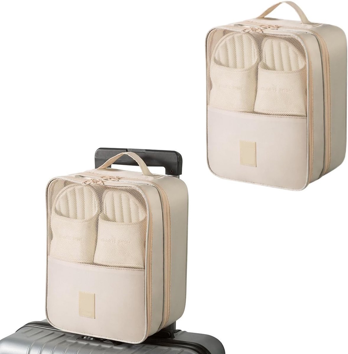 KZQ Opbergtas voor schoenen, 2 stuks, geschikt voor 3 paar, draagbaar en lichtgewicht, ideaal voor reis en koffer, beige, voor dames en tieners